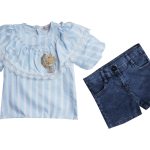 3693 Girls Kids Suits Shirt & Short 2Pcs Set Supplier 2-5Y Light Blue