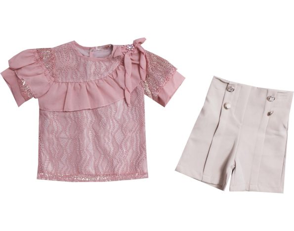 3721 Girls Kids Suits Shirt & Short 2Pcs Set Wholesale 2-5Y Pink
