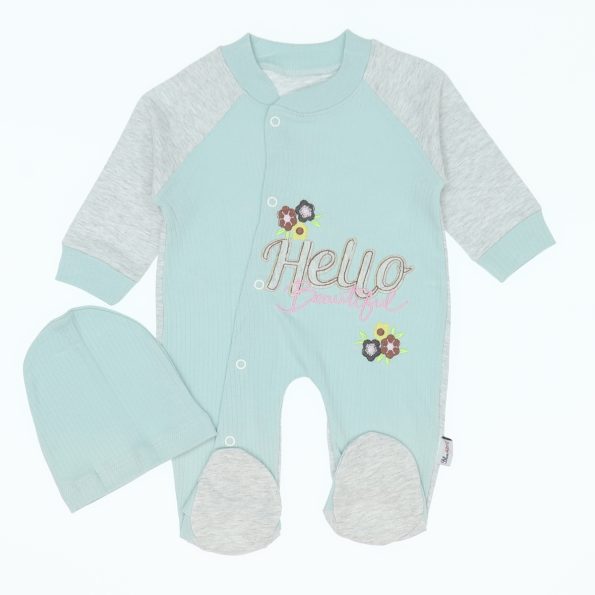 Wholesale Single Breasted Baby Rompers 3-6-9M Hello Turqouse