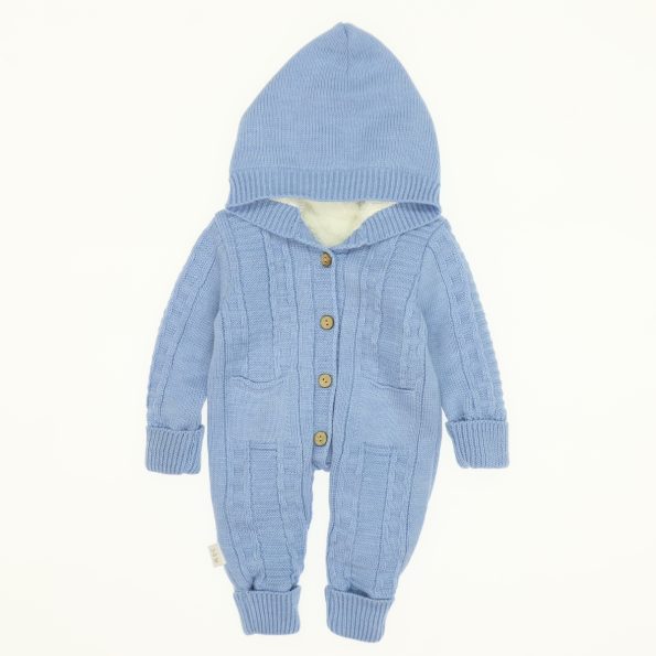 Winter Season Newborn Baby Hooded Knit Jumpsuit 3-6-9M Blue