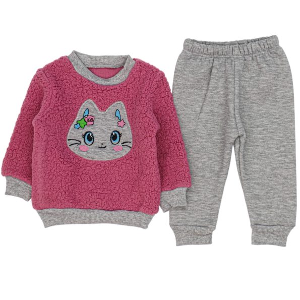 1002 Wholesale Toddler 2-Piece Set 9-18M Cat embroidered fuchsia