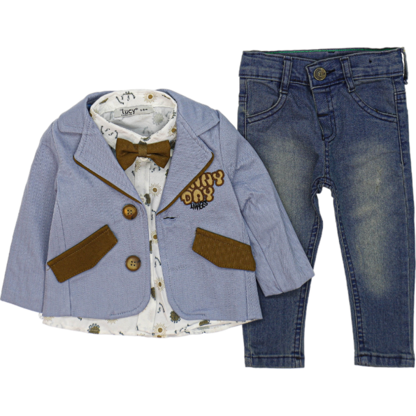 1566 Wholesale Baby Boys 3-Piece Jacket Shirt and Jeans Set 9-24M Light Blue