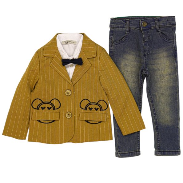 1568 Wholesale Baby Boys 3-Piece Jacket Shirt and Jeans Set 9-24M Mustard