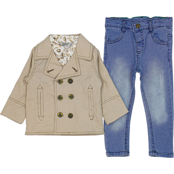 1588 Wholesale Baby Boys 3-Piece Jacket Shirt and Jeans Set 9-24M Beige