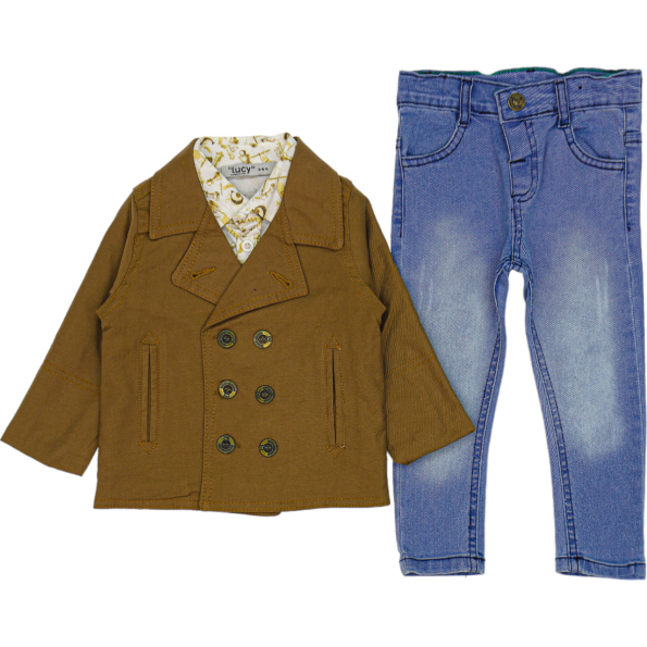 1588 Wholesale Baby Boys 3-Piece Jacket Shirt and Jeans Set 9-24M Brown