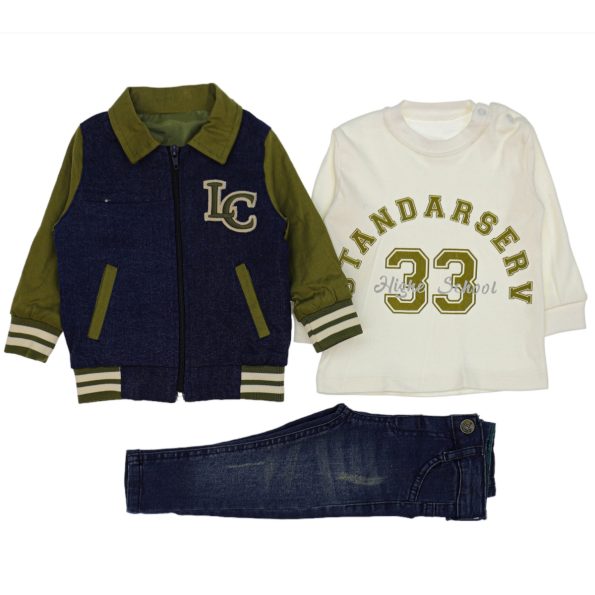 1589 Wholesale Baby Boys 3-Piece Coat Sweat and Jeans Set 9-24M Khaki
