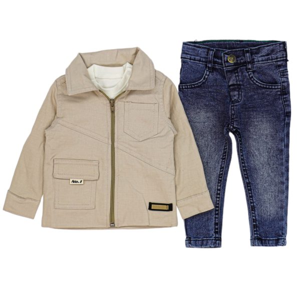 1594 Wholesale Baby Boys 3-Piece Jacket Sweat and Jeans Set 9-24M Beige