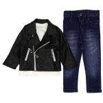 1596 Wholesale Baby Boys 3-Piece Leather Coat Sweat and Jeans Set 9-24M Black