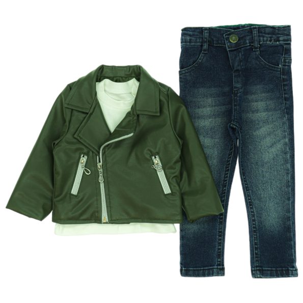 1596 Wholesale Baby Boys 3-Piece Leather Coat Sweat and Jeans Set 9-24M Green