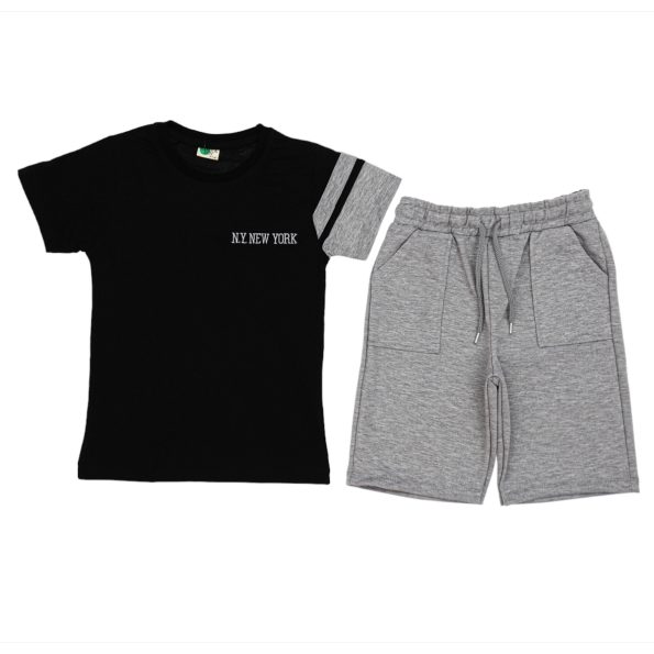 20172 Wholesale 2-Piece Boys Short and T-shirt Set 10-13Y New York Print Black