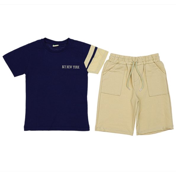 20172 Wholesale 2 Piece Boys Short and T shirt Set 10 13Y New York Print Navy Blue