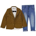 2078 Wholesale Baby Boys 3-Piece Jacket Sweat and Jeans Set 9-24M Light Brown