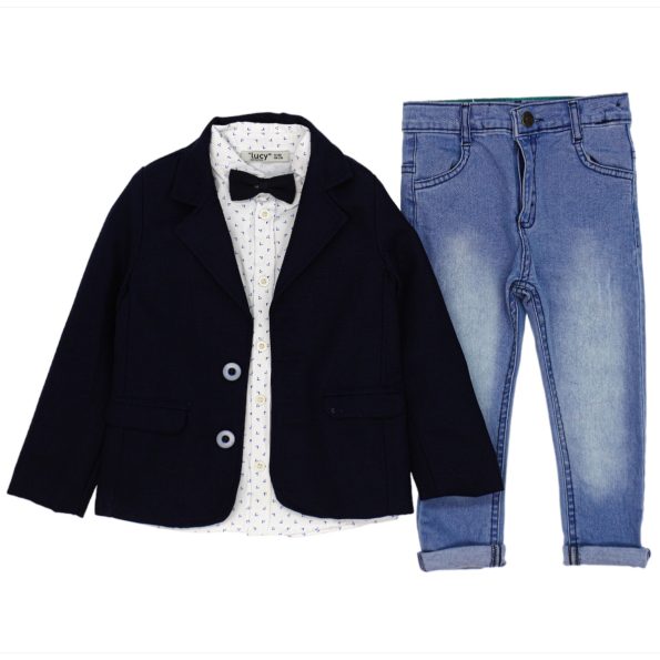 2078 Wholesale Baby Boys 3-Piece Jacket Sweat and Jeans Set 9-24M Navy Blue