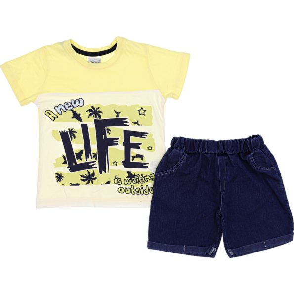 23137 Wholesale 2-Piece Boys Denim Short and T-shirt Set 2-5Y Life Print Yellow