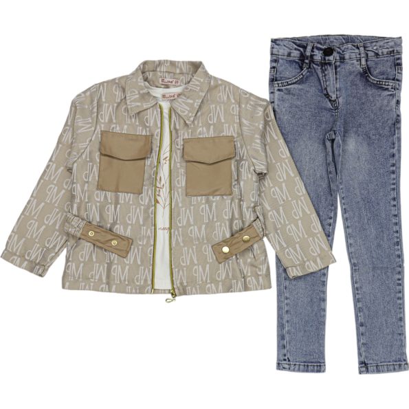 3908 Wholesale 3-Piece Girls Jacket Pants and T-Shirt Set 6-9Y Beige