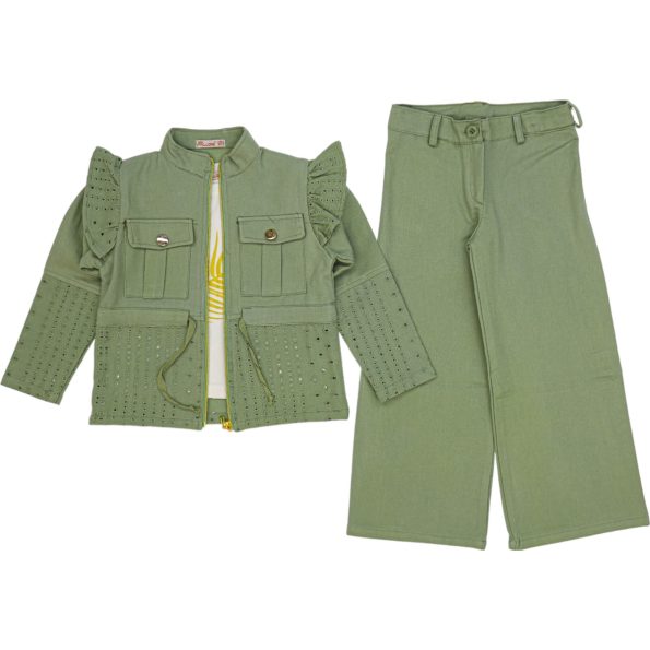 3911 Wholesale 3-Piece Girls Jacket Pants and T-Shirt Set 6-9Y Green