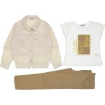 3931 Wholesale 3-Piece Girls Jacket Pants and T-Shirt Set 6-9Y Cream