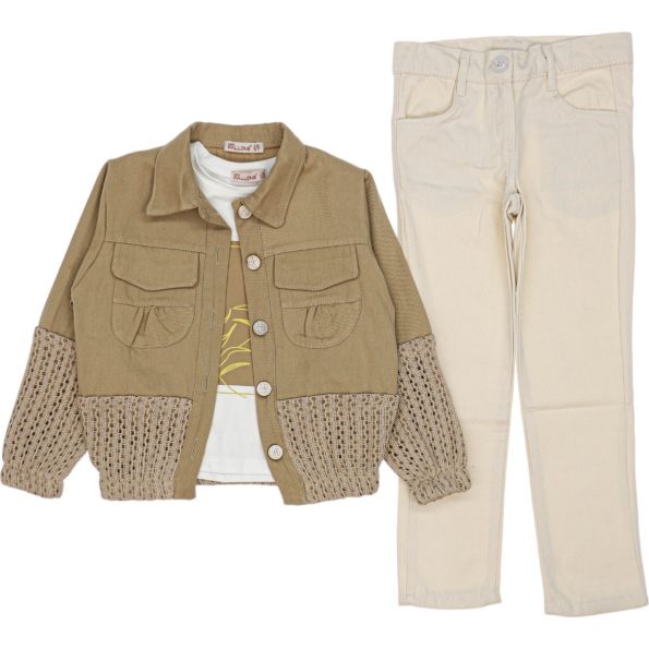3931 Wholesale 3-Piece Girls Jacket Pants and T-Shirt Set 6-9Y Light Brown