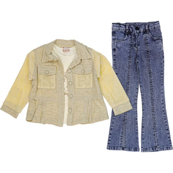 3933 Wholesale 3-Piece Girls Jacket Pants and T-Shirt Set 6-9Y Cream