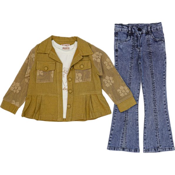 3933 Wholesale 3-Piece Girls Jacket Pants and T-Shirt Set 6-9Y Mustard