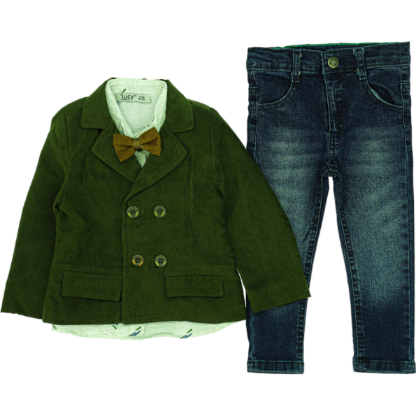 4008 Wholesale Baby Boys 3-Piece Jacket Shirt and Jeans Set 9-24M Green