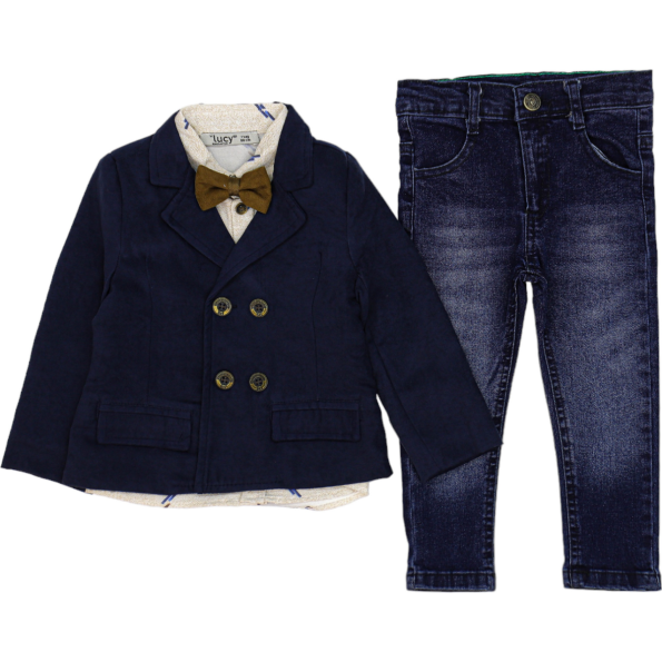 4008 Wholesale Baby Boys 3-Piece Jacket Shirt and Jeans Set 9-24M Navy Blue
