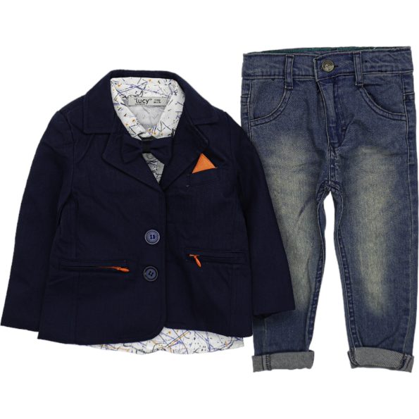 4026 Wholesale Baby Boys 3-Piece Jacket Shirt and Jeans Set 1-4Y Navy Blue