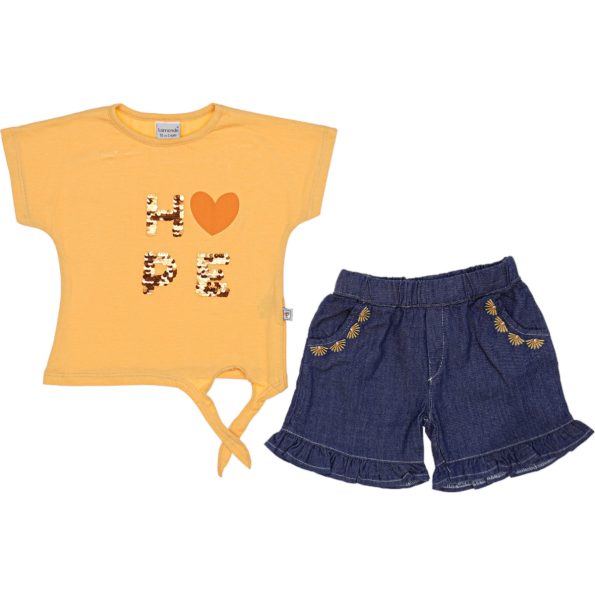 Wholesale 2-Piece Girls Short and T-shirt Set 2-5Y Hope Embroidery Yellow