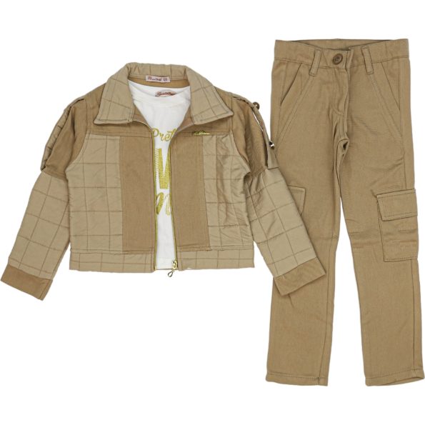 Wholesale 3-Piece Girls Jacket Pants and T-Shirt Set 6-9Y Beige