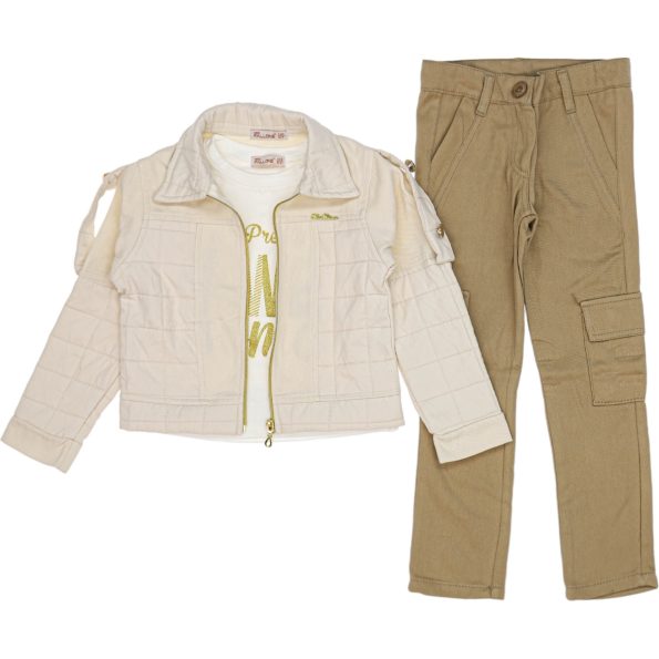 Wholesale 3-Piece Girls Jacket Pants and T-Shirt Set 6-9Y Ecru