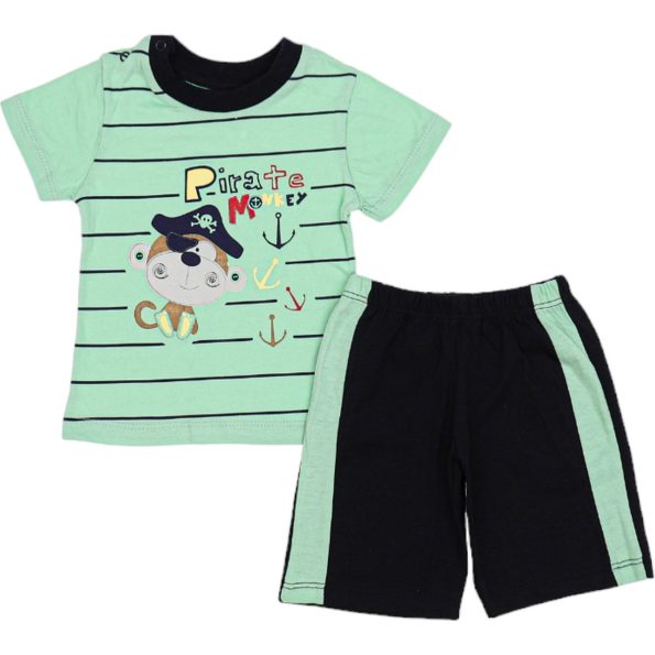Wholesale Baby Boys 2-Piece T-Shirt and Shorts Set 6-18M Pirate Monkey Print Green