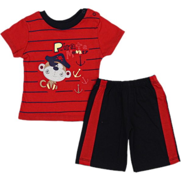 Wholesale Baby Boys 2-Piece T-Shirt and Shorts Set 6-18M Pirate Monkey Print Red