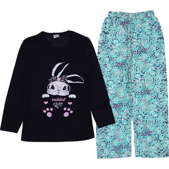 Wholesale Girls Kids 2-Piece Pajamas Set 3-14Y Rabbit Print Black