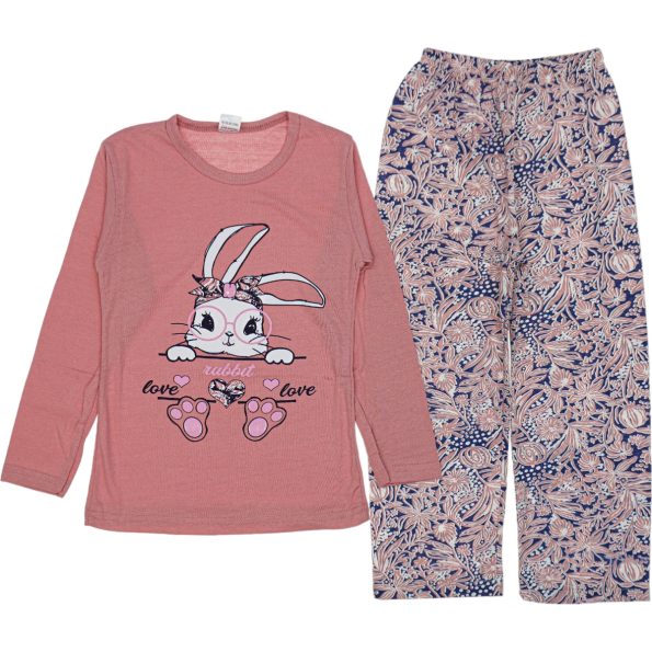 Wholesale Girls Kids 2-Piece Pajamas Set 3-14Y Rabbit Print Dried Rose