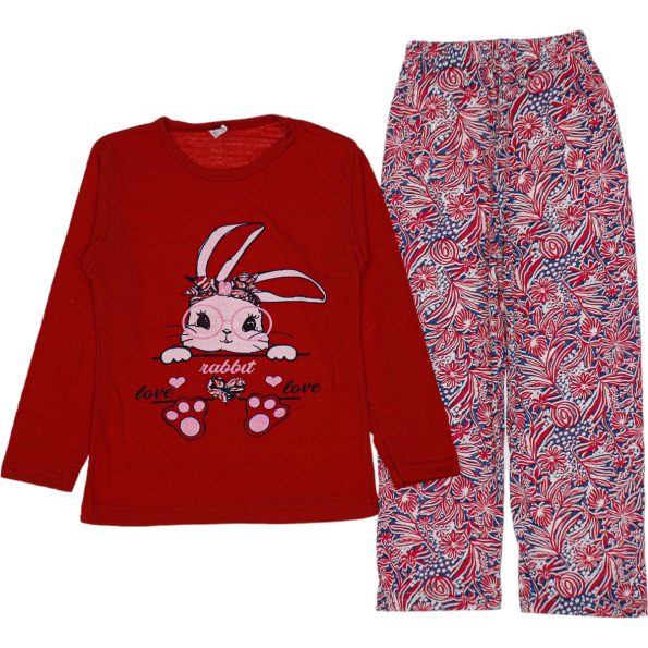 Wholesale Girls Kids 2-Piece Pajamas Set 3-14Y Rabbit Print Red