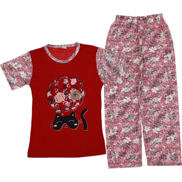 Wholesale Girls Kids 2-Piece Pajamas Set 3-14Y cat print burgundy