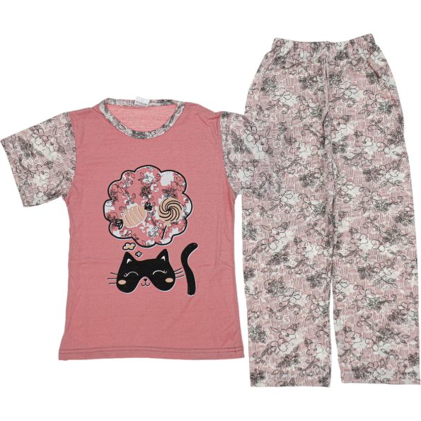 Wholesale Girls Kids 2-Piece Pajamas Set 3-14Y cat print dried rose
