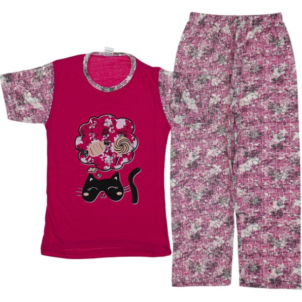 Wholesale Girls Kids 2-Piece Pajamas Set 3-14Y cat print fuchsia
