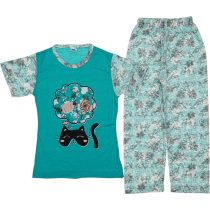 Wholesale Girls Kids 2-Piece Pajamas Set 3-14Y cat print turqoise