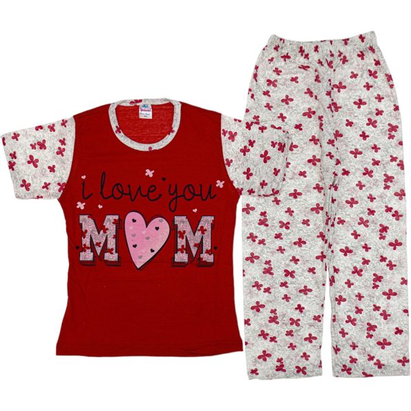 Wholesale Girls Kids 2-Piece Pajamas Set 3-14Y i love you mom print Burgundy