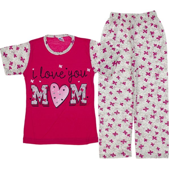 Wholesale Girls Kids 2-Piece Pajamas Set 3-14Y i love you mom print fuchsia