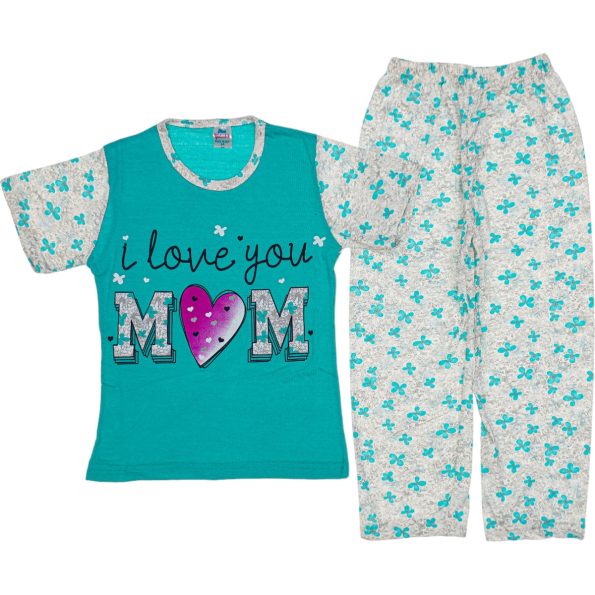 Wholesale Girls Kids 2-Piece Pajamas Set 3-14Y i love you mom print turqoise