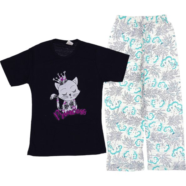 Wholesale Girls Kids 2-Piece Pajamas Set 3-14Y princess cat print black