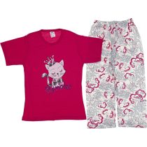 Wholesale Girls Kids 2-Piece Pajamas Set 3-14Y princess cat print fuchsia