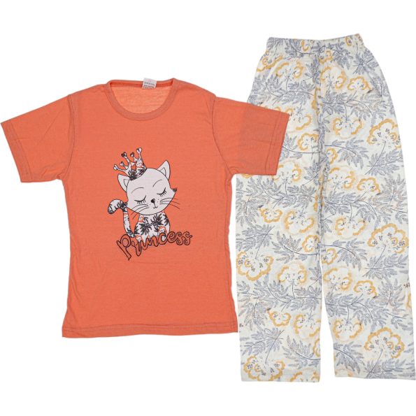 Wholesale Girls Kids 2-Piece Pajamas Set 3-14Y princess cat print orange