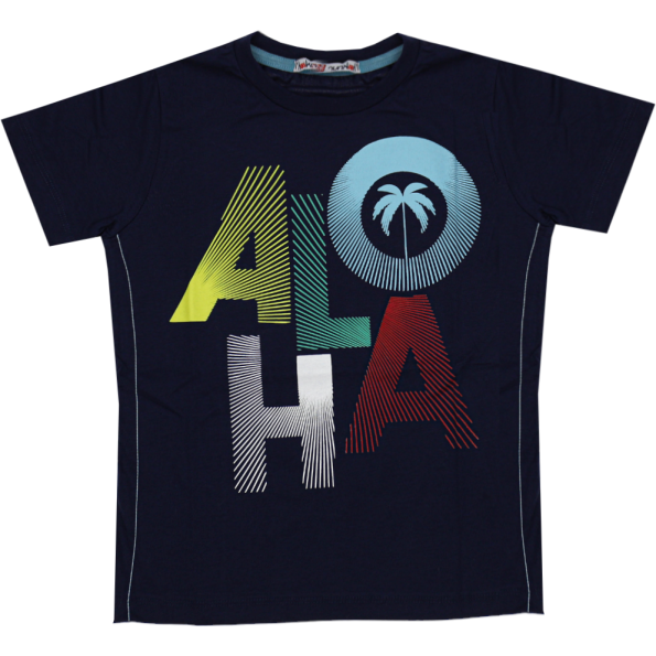 Wholesale T-Shirt for Boys Kids for 5-8Y Aloha Print Navy Blue