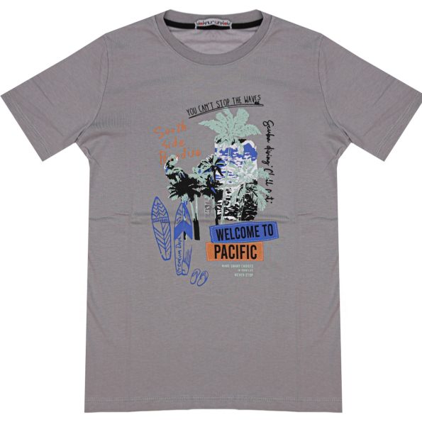 Wholesale T-Shirt for Boys Kids for 9-12Y Welcome To Pacific Print Grey