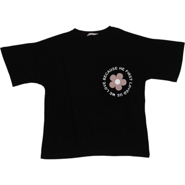 Wholesale T-Shirt for Toddler Girls for 9-12Y Flower Print Black