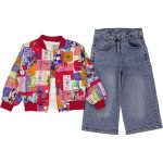 11887 Girls Kids 3-Piece Raincoat T-shirt and Jeans Set 2-5Y burgundy