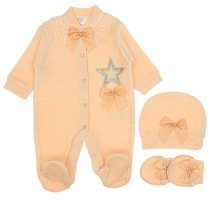 Wholesale Baby Velvet Romper 3-6-9M with Gloves and Hat cream